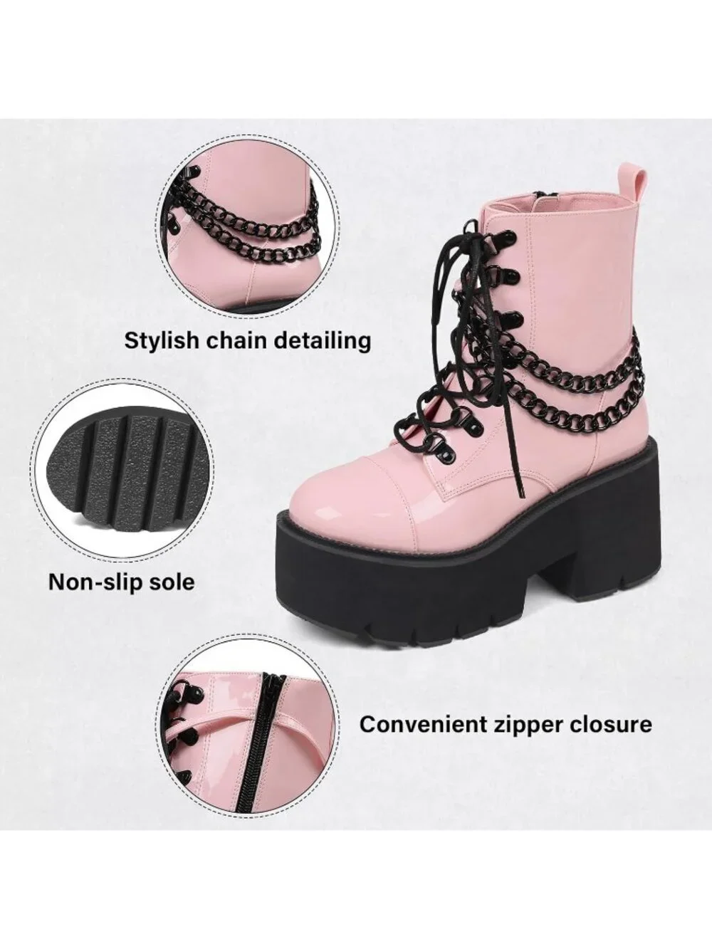 Women's Pink Rubber Platform Chunky Wedge Lace Up Chain Zipper Ankle Booties